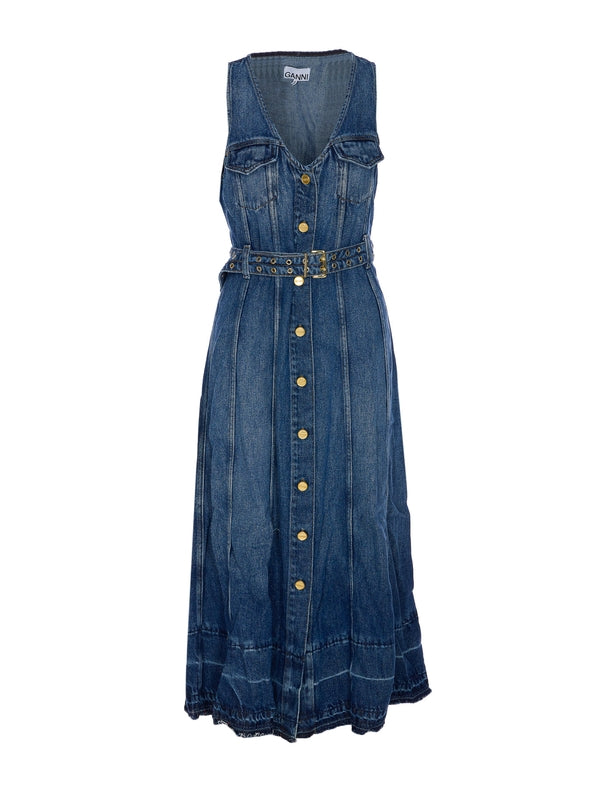 V-Neck Belt Detail Denim Long Dress