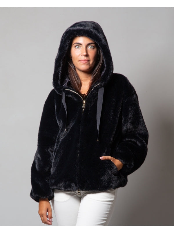 Drawstring Fake Fur Hood Jacket