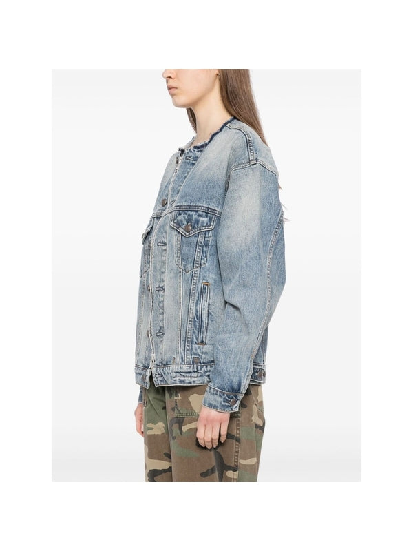 Collarless Zip-Up Denim Jacket