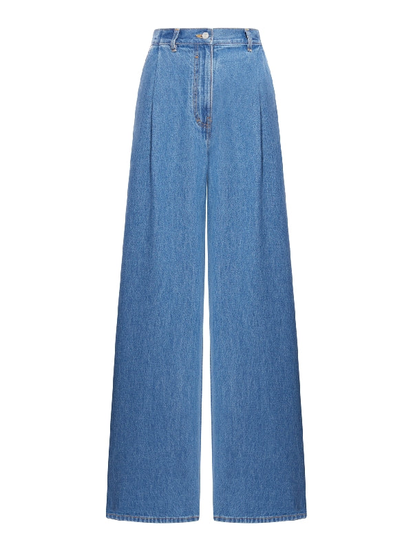 Wide Pleat Cotton Denim Pants