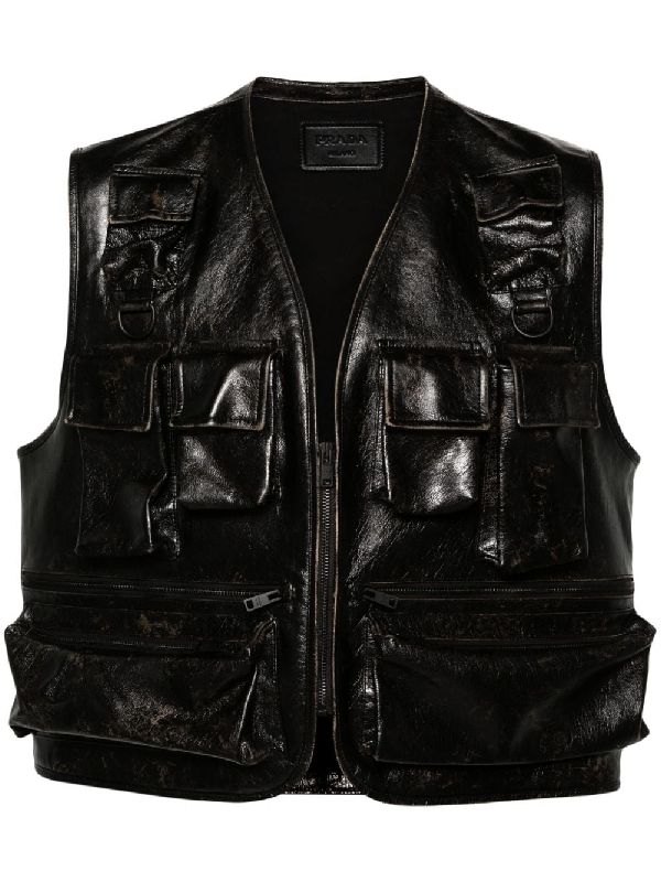 Back Triangle Logo Multi-Pocket Leather Vest