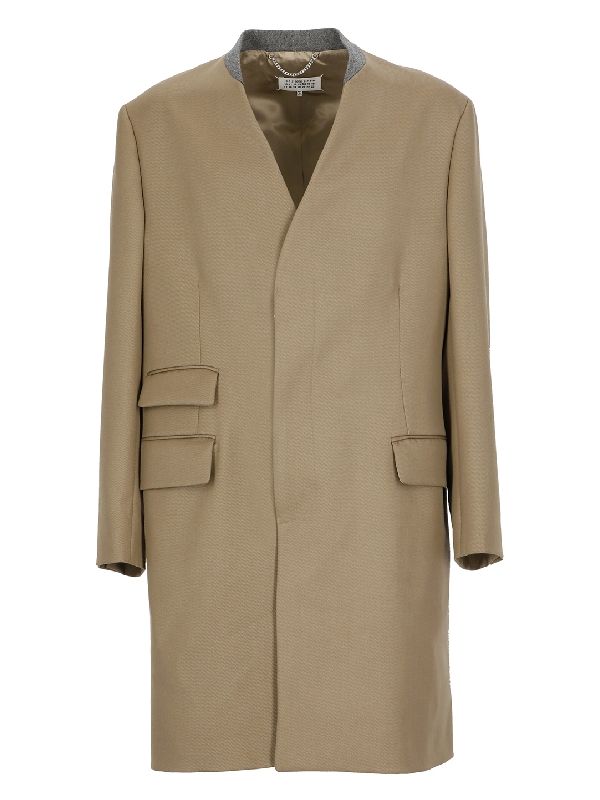 Backstitch Collarless Wool Coat