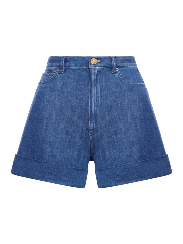 Back Logo Patch Cotton Linen
  Denim Shorts