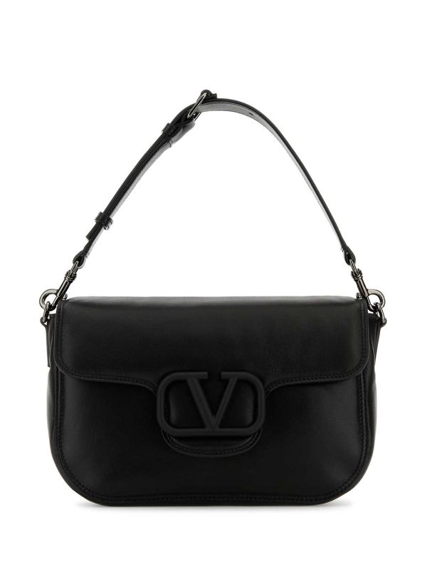 V Logo Black Leather Shoulder Bag