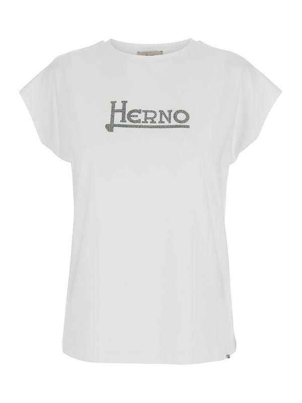 White T-Shirt with Logo on the Front Decorated with Studs in Cotton Woman Half Sleeve