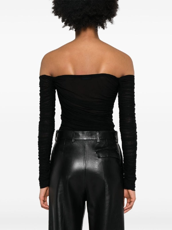 Ruched Off-Shoulder Mesh Bodysuit