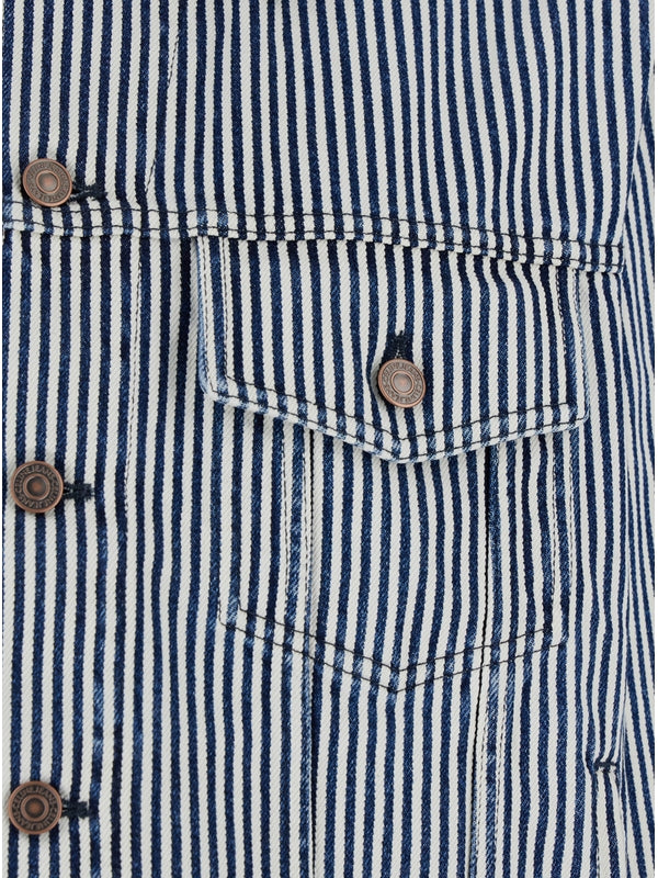 Blue Shirt with Classic Collar and All-Over Striped Motif in Cotton Man Trucker