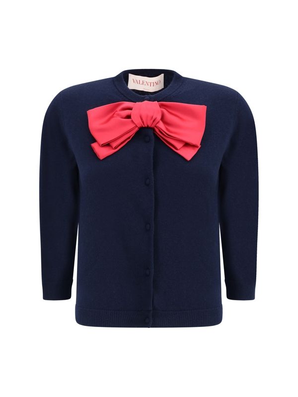 Bow Detail Crew Neck Wool Cardigan