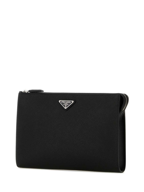 Triangle Logo Saffiano Leather Clutch