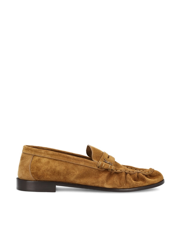 Cassandra Monogram Suede Penny Loafers