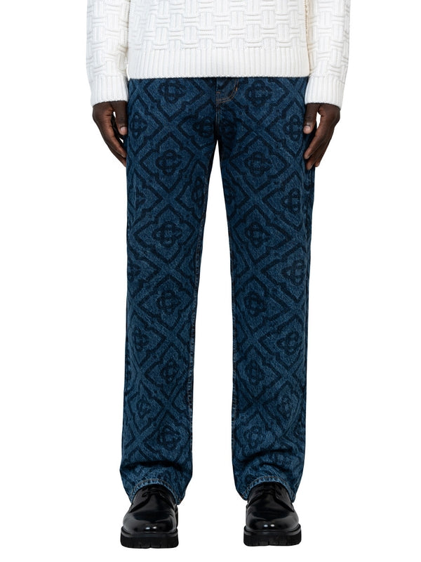 Allover Printed Cotton Denim Pants