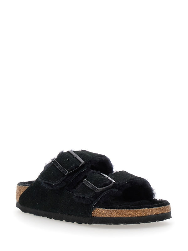 'Arizona' Black Sandals with Logo Lettering on the Buckle in Suede Woman Sandals
