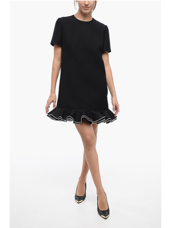 ブラック フリル ウール シルク ミニドレス