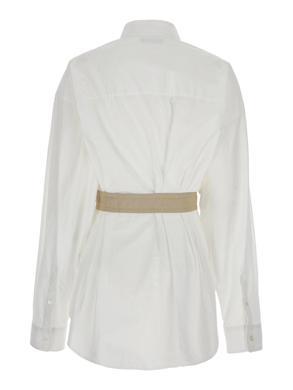 White Shirt with Pointed Collar and Adjustable Belt in Cotton Woman Shirts & Blouses