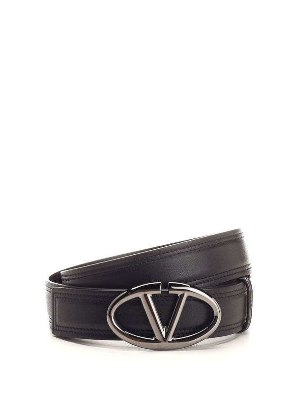 V Logo Leather Belt