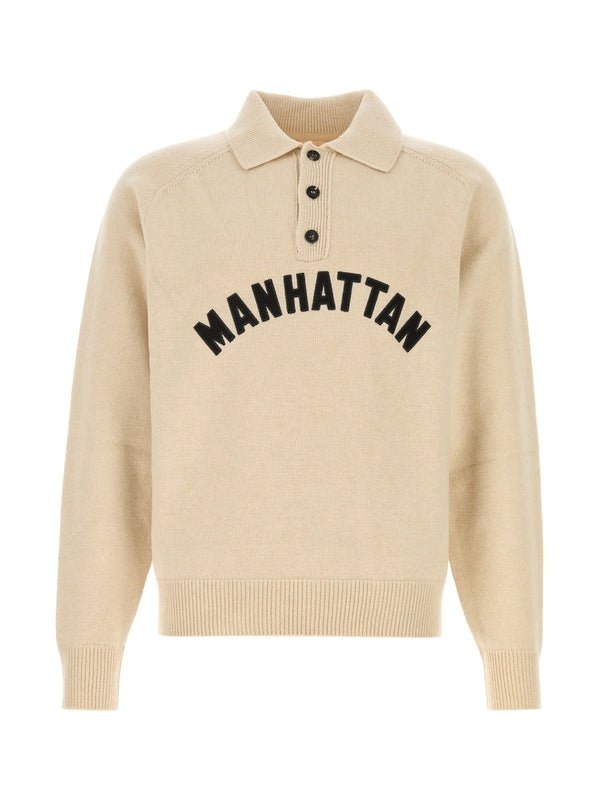 Lettering Detail Half-Button Wool Polo Shirt