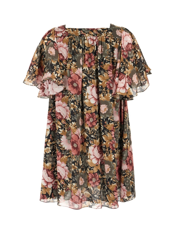 Allover Flower Printed Silk Mini Dress