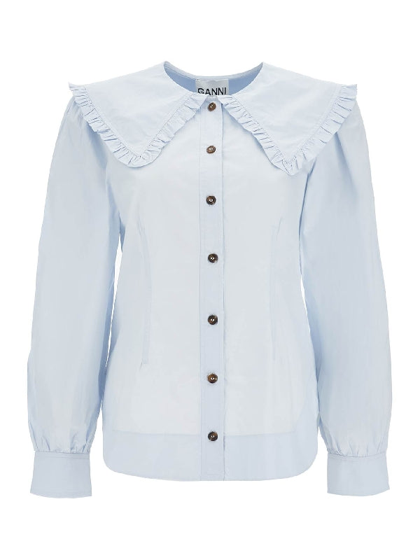 GANNI - Ruffle Collar Cotton Shirt - Jente