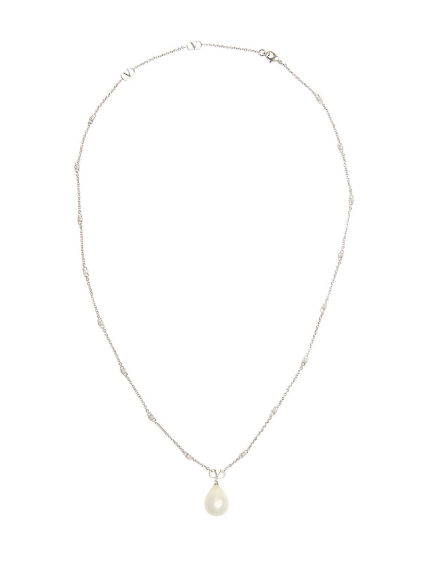 V Logo Pearl Charm Chain Necklace