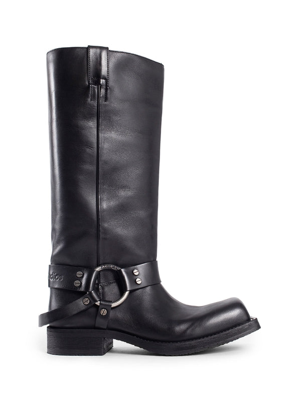 Black Leather Harness Buckle Boots