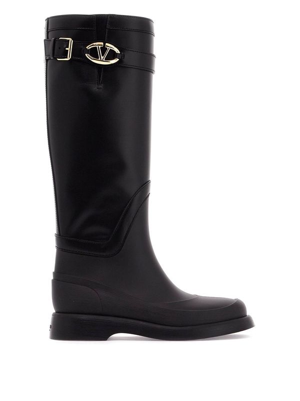 V Logo Embellished Leather High Boots