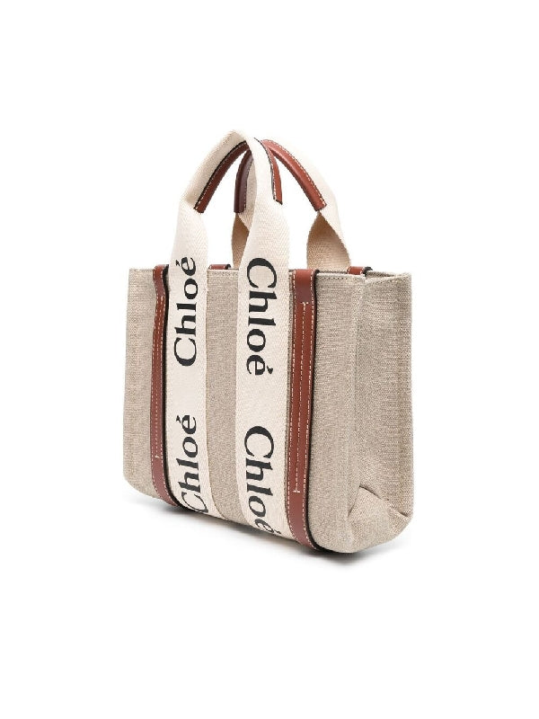 Woody Logo Linen Cotton Small Tote Bag