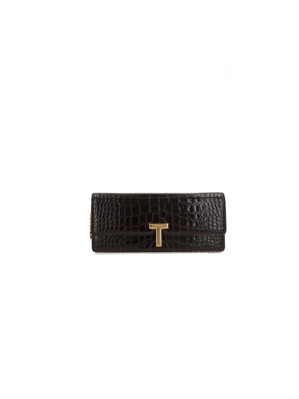 T Logo Croco Effect Clutch Bag