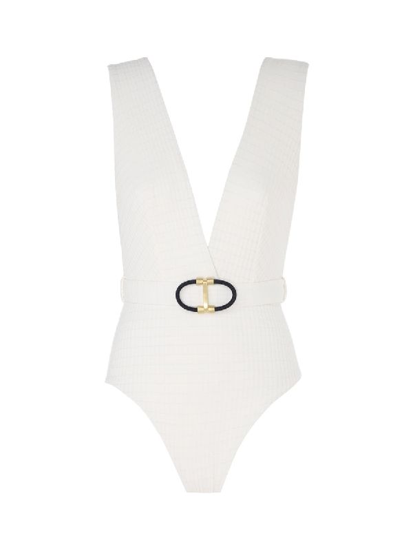 Belted Textured V-neck Swimsuit