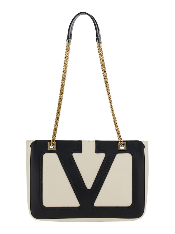 'Viva Superstar Small' White and Black Shoulder Bag with VLogo Detail on the Front in Leather Woman Tote Bags