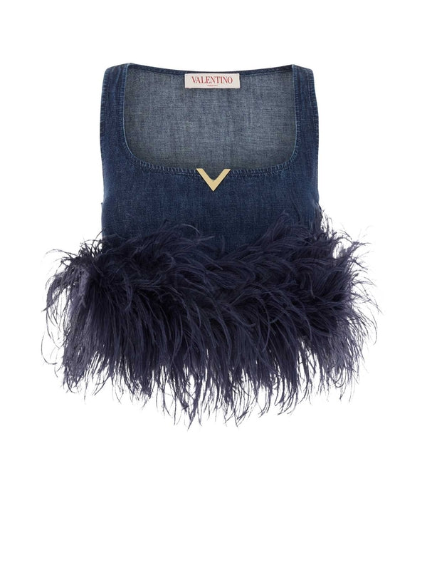 V Logo Feather Trim Denim Sleeveless Top