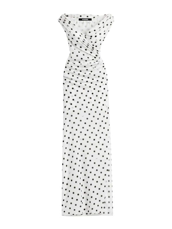 V-neck Dot Pattern Side-slit Dress
