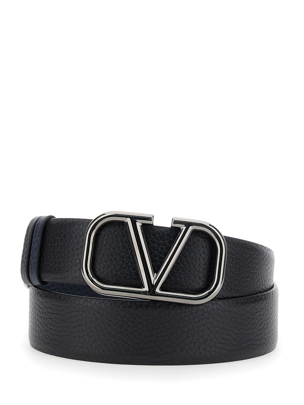 V Logo Grained Leather Belt