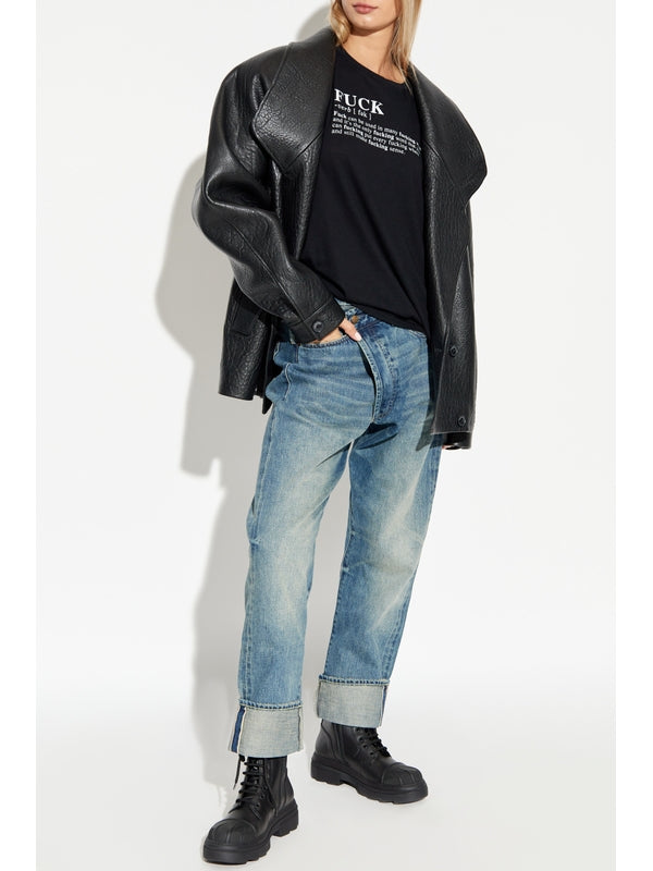 Asymmetric Waist Turn-Up Denim Pants