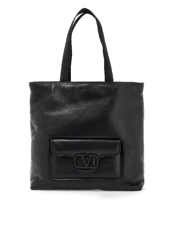 V Logo Pocket Leather Tote Bag - Jente