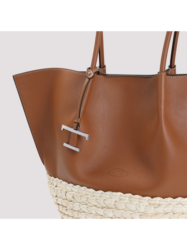 Bux T Logo Raffia Leather Tote Bag