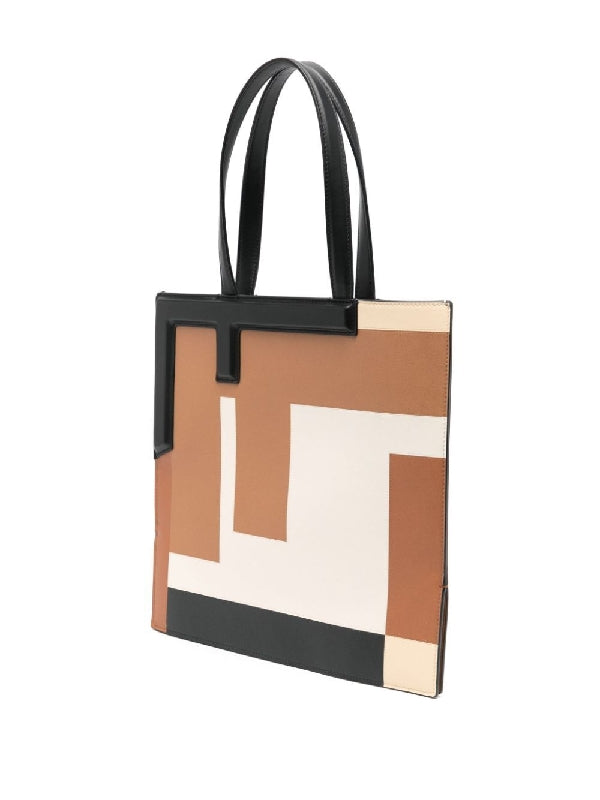 Color Block FF Leather Flip Tote Bag