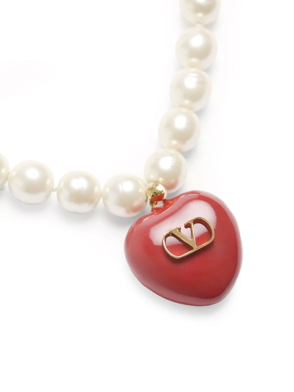 V Logo Heart Pearl Chain Necklace