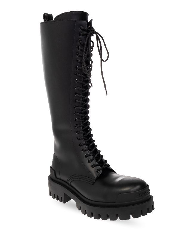 Strike Leather Lace-up Knee-high Boots