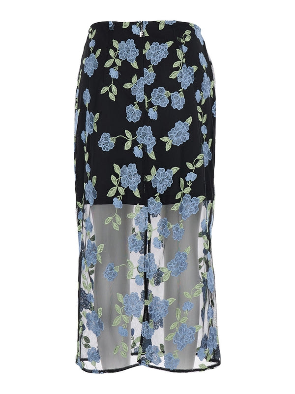 Black Pencil skirt with Mesh Panels and All-Over Floral Motif in Tech Fabric Woman Skirts
