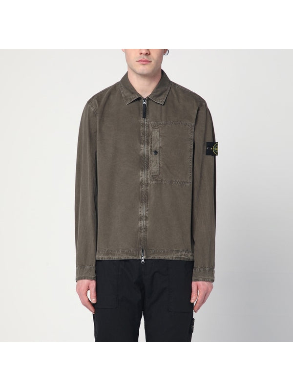 Wappen Patch Zip-up Cotton Shirt