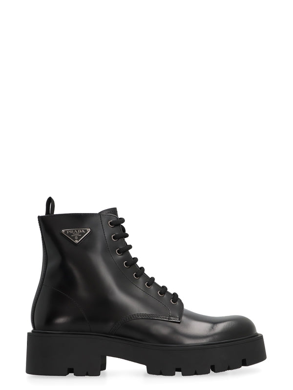 Triangular Logo Leather Laceup Boots