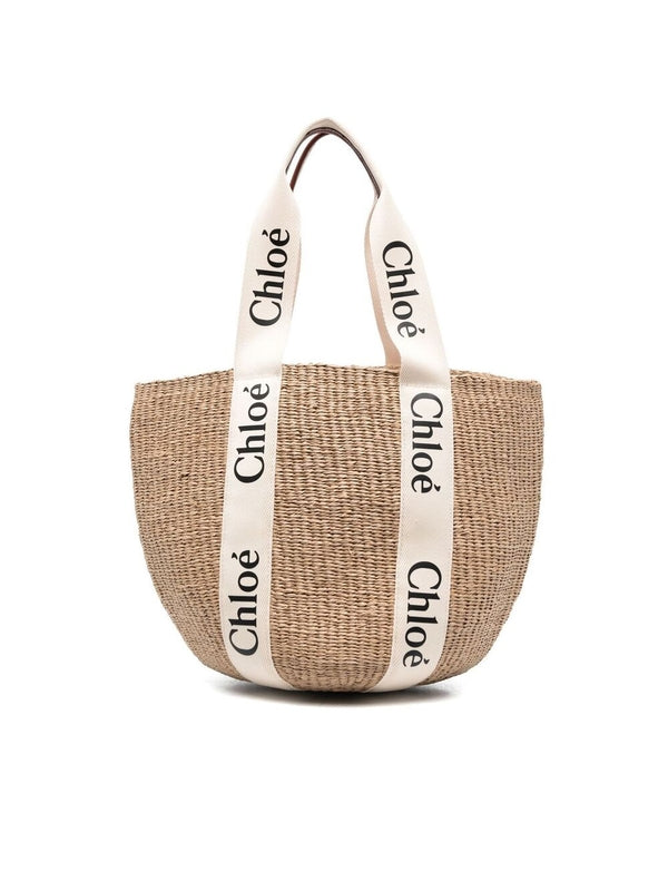 Woody Logo Raffia Large Tote
  Bag