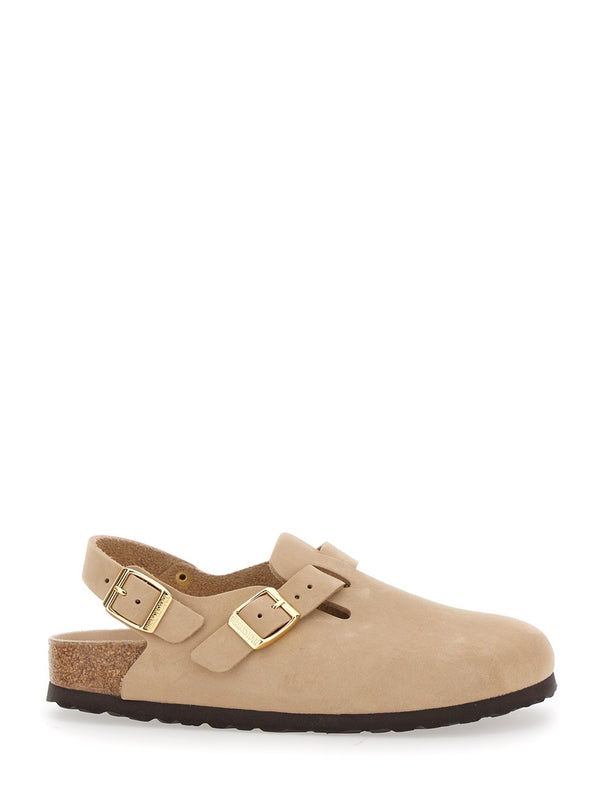 Mule 'Tokio' con Fibbia sul Fronte e sul Retro in Pelle Beige Donna Sandals
