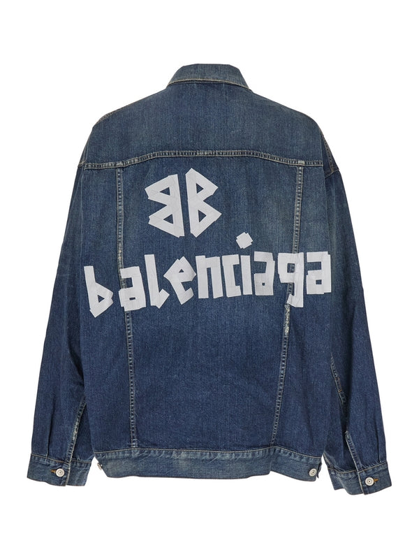 Blue Jacket with Classic Collar and Maxi Logo Print on the Rear in Denim Man Trucker