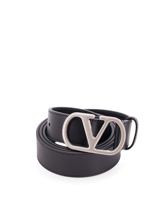 V Logo Buckle Leather Belt