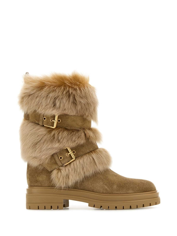 Suede Buckle Strap Shearling Boots