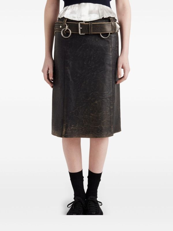 Vintage Washed Belt Detail Leather Skirt