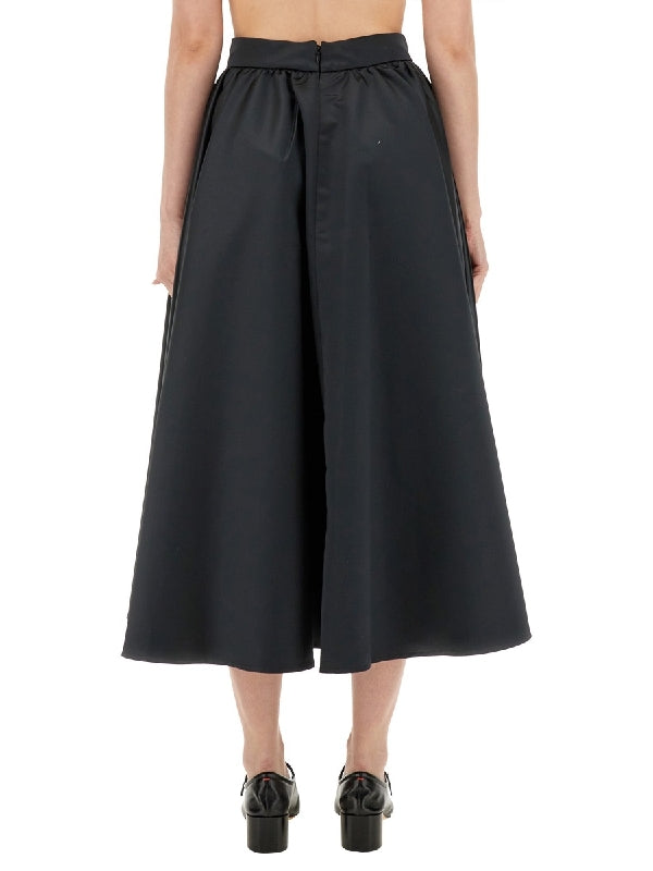 Black Satin Volume Midi Skirt